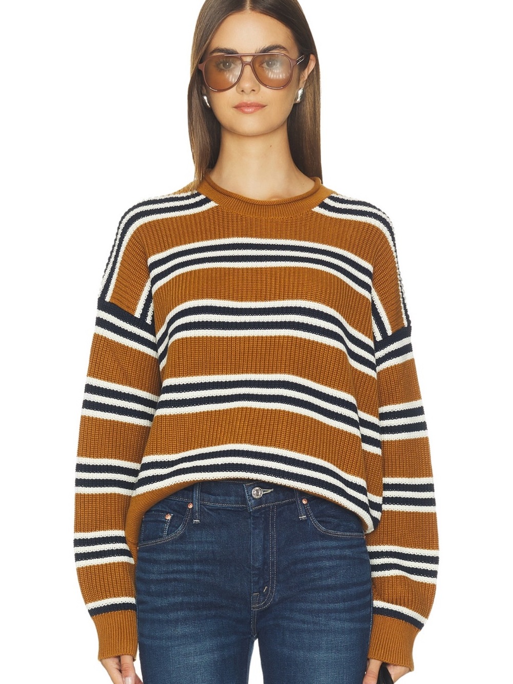 Madewell Striped Crewneck Sweater in Camel, Navy & White